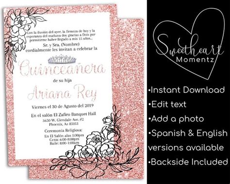 Rose Gold Glitter Quinceanera Invitation Quincea Era Mis Etsy Uk