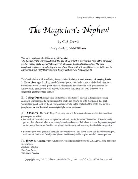 After reading the book the magician's nephew, children will be asked to remember how digory and polly entered the wood between worlds. Excerpt from The Magician's Nephew Study Guide