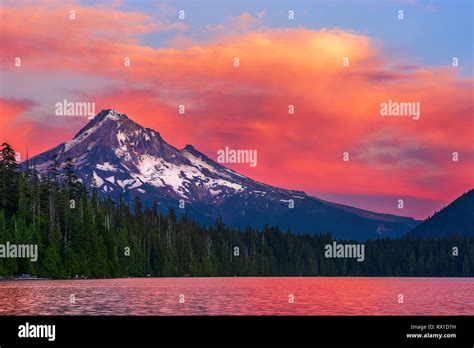 Colorful Sunset Sky Over Mt Hood From Lost Lake Oregon Usa Stock