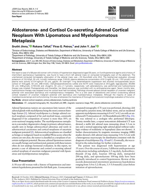 Pdf Aldosterone And Cortisol Co Secreting Adrenal Cortical Neoplasm
