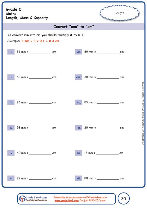 Grade 5 Conversion Mm To Cm Worksheets