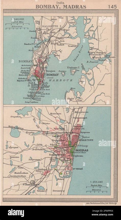 Indian Cities Bombay Mumbai And Madras Bartholomew 1949 Old Vintage Map