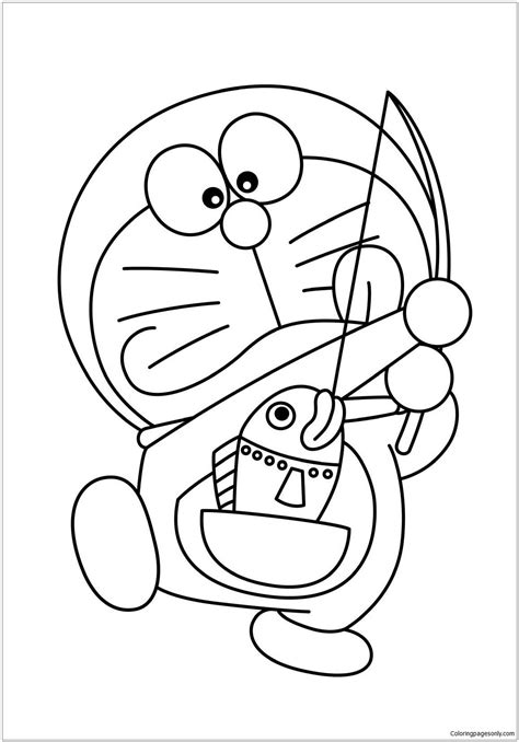 Doraemon drawing cowboy doraemon transparent outline. Doraemon Fishing Coloring Page | สมุดระบายสี, สมุดศิลปะ ...