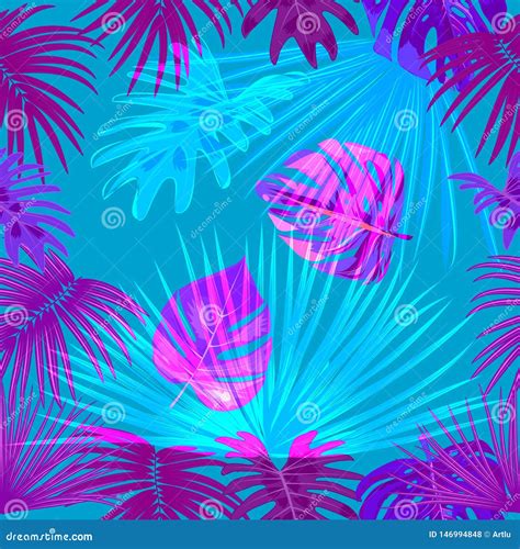 Tropical Jungle Palm Leaves Seamless Pattern Neon Colors Stock Vector