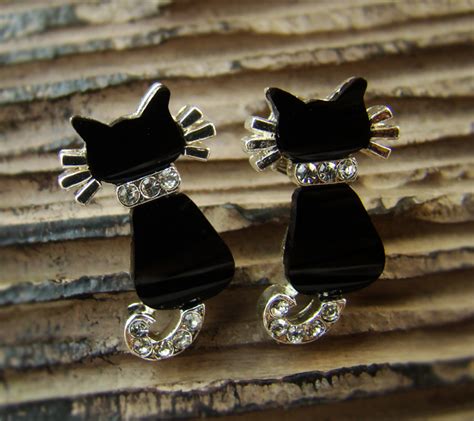 Womens Kitty Cat Earrings Black Onyx Swarovski Crystal Sterling 925