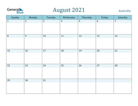 Australia August 2021 Calendar With Holidays