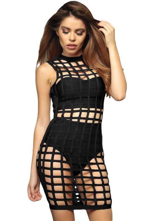 3pcs Black Hollow Out Caged Bandage Dress Bandage Dresses Online Fashion Clothes For Women