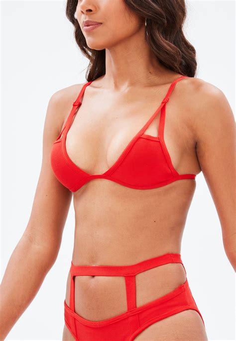 Red Bandage Cage Brief Bikini Set Missguided