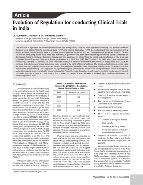 Pdf Evolution Of Regulation For Conducting Clinical Trials In India” Pharnatimes 41 8 19