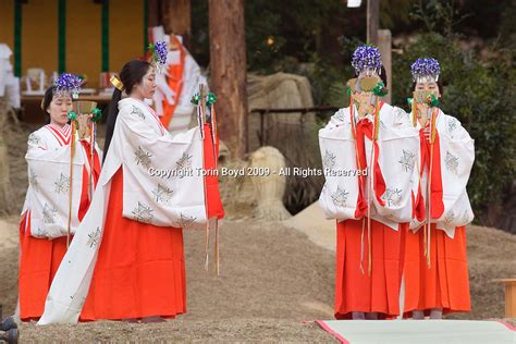Miko Shrine Maidens Perform A Special Shinto Ritual During The Annual
