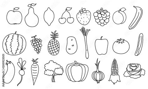 Set Of Simple Drawing Fruits And Vegetable Outline Healthy Food