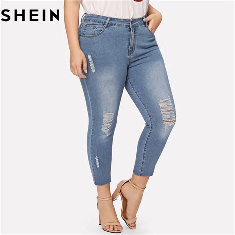 Shein Blue Ripped Plus Size Skinny Casual Women Jeans 2018 Autumn New