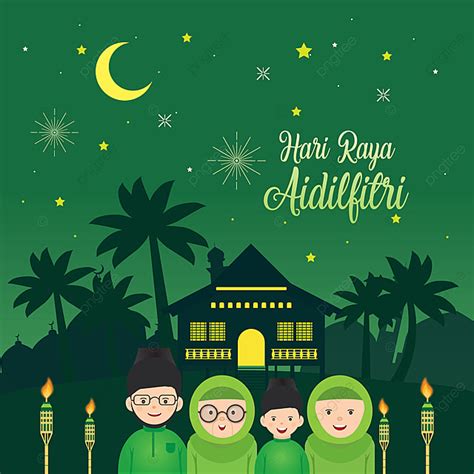 Cartoon Hari Raya Aidilfitri Flat Design Vector Background Eid Greet