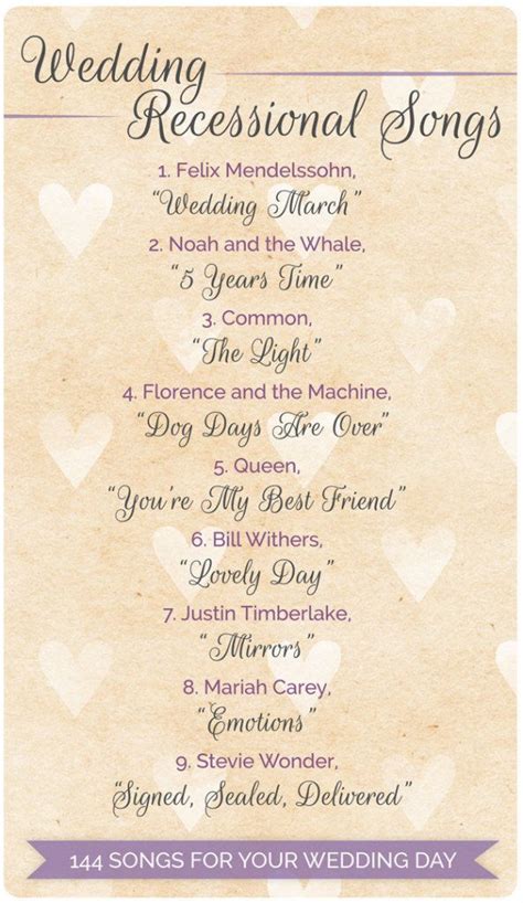 The wedding recessional is when you and your newly married spouse walk off with the wedding party to go to the reception. 144 Wedding Songs for Every Part of Your Wedding Day ...