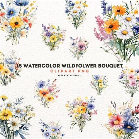 Wildflower Bouquet Clipart 15 Watercolor High Quality Png Etsy