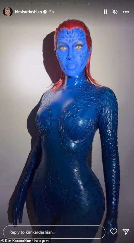 kim kardashian oozes sex appeal in blue latex costume as x men s mystique sound health and