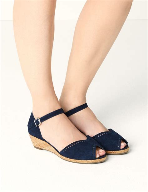 Marks And Spencer Wide Fit Suede Wedge Sandals Navy In Blue Lyst