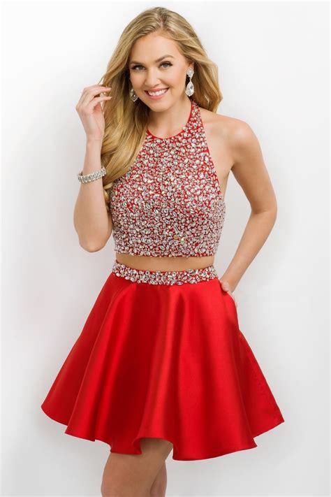 Sleeveless Beaded Crystals Red Short Elegant Prom Gowns Two Piece Prom