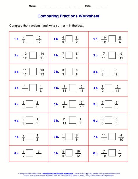 Free Worksheets For Comparing Or Ordering Fractions
