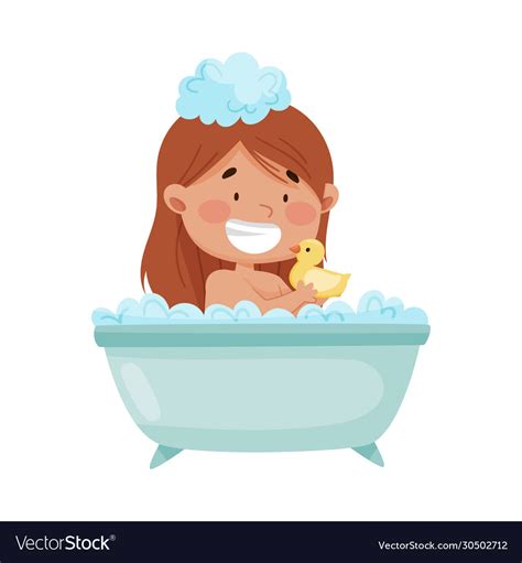 cheerful girl taking a bath sitting in bathtub and