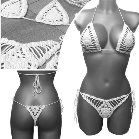 Crochet Sexy See Through Micro Bikini Set Y Back Thong Bottom 2 Piece
