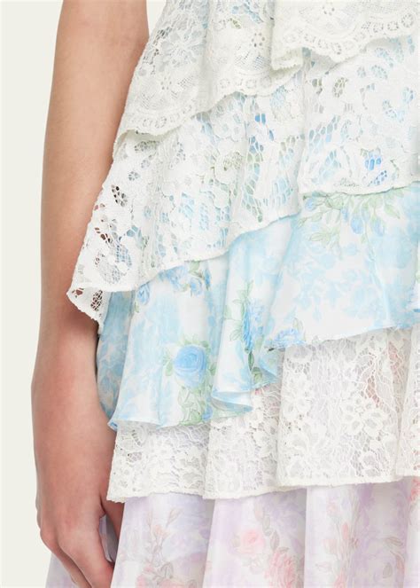 LoveShackFancy Imata Floral Silk Asymmetric-Ruffle Mini Dress