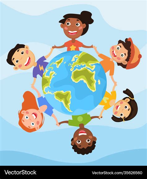 Happy Children Holding Hands Around Globe Vector Image