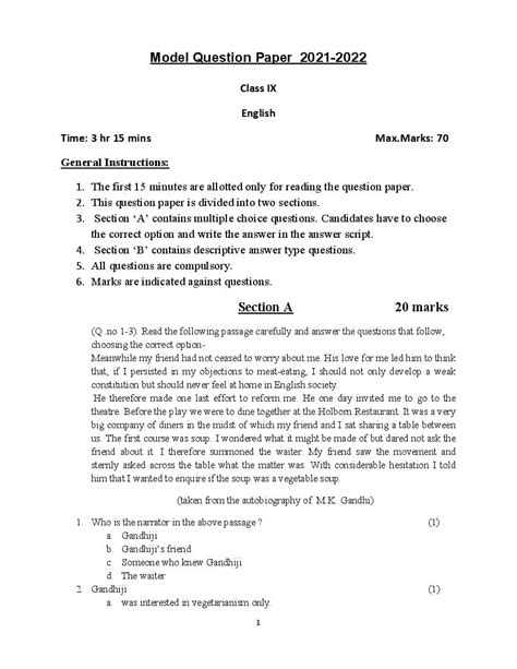 Up Board Model Paper 2024 For Class 9 English Pdf Up Board 9th English Sample Question Paper