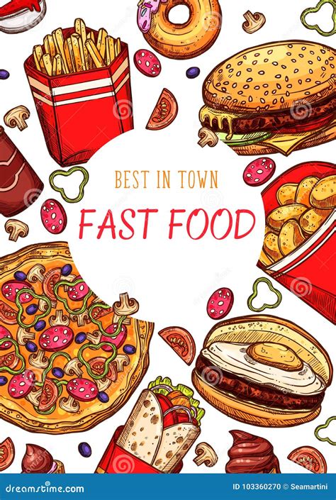 Fast Food Restaurant Vector Fastfood Sketch Poster Stock Vector