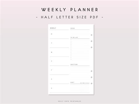 Undated Weekly Planner Half Printable Inserts Half Letter Etsy