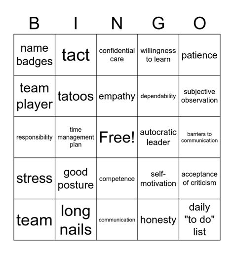 Personal Qualities Of A Health Care Worker Bingo Card