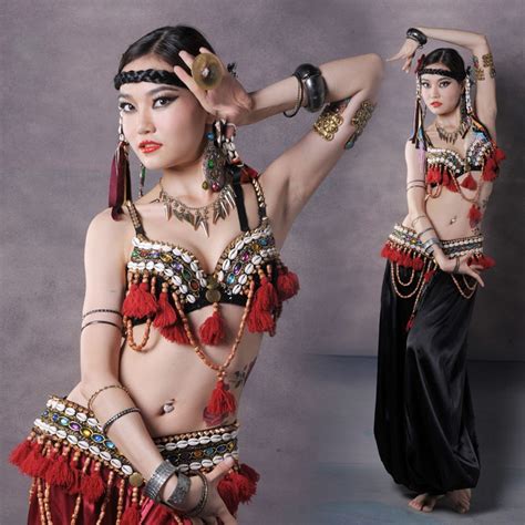 Professional Tribal Belly Dance Costumes Set 3pcs Bra Belt Pants Gypsy