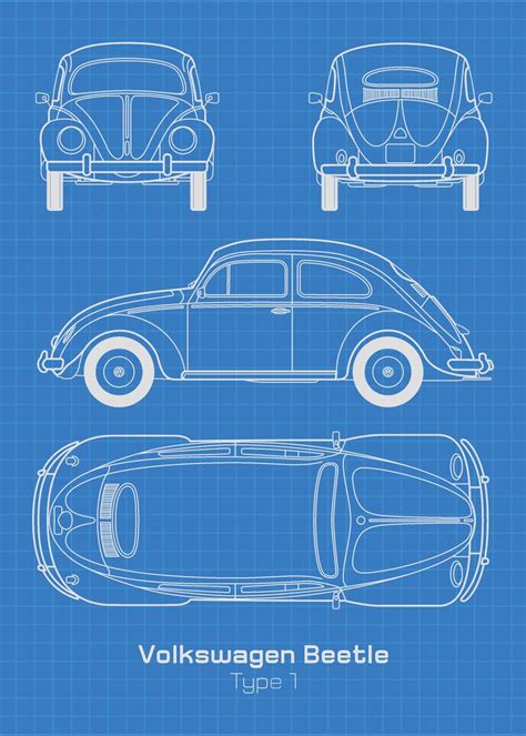 Vw Beetle Type 1 Blueprint Poster Picture Metal Print Paint By