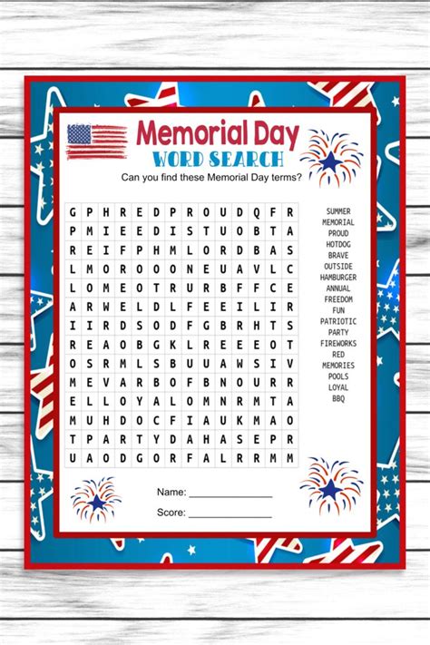Memorial Day Word Search Game, Printable Kids Activity Sheet, Instant