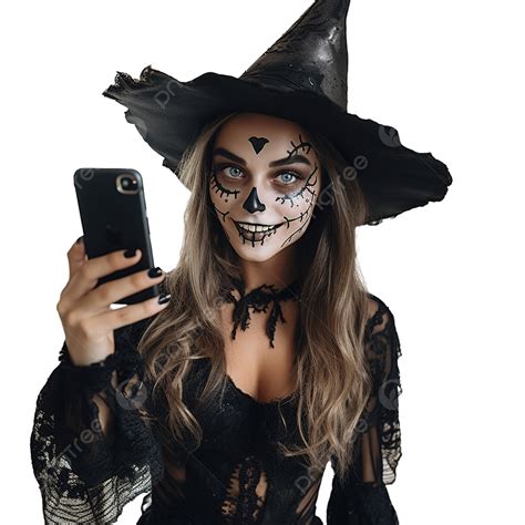A Girl In A Witch Costume Takes A Selfie At A Halloween Party On The Decorated Porch Costume