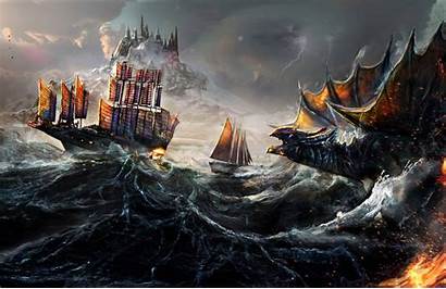 Ship Ocean Painting Dragon Fight Wallpapers 5k