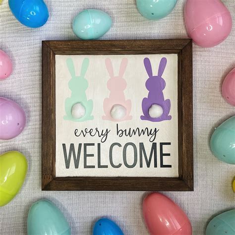 Every Bunny Welcome Bunny Tail Easter Square Wood Sign Etsy