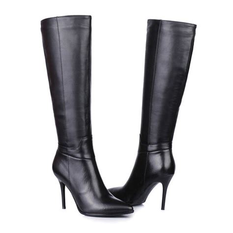 Womens Winter Black Genuine Leather Pointed Toe Side Zipper Knee High
