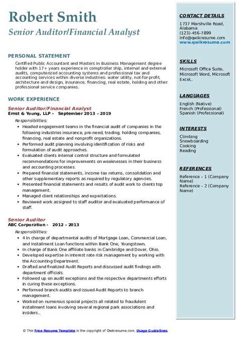 To be an auditor who consistently provide independent, objective assurance on adequacy and effectiveness of governance processes, management. Senior Auditor Resume Samples | QwikResume
