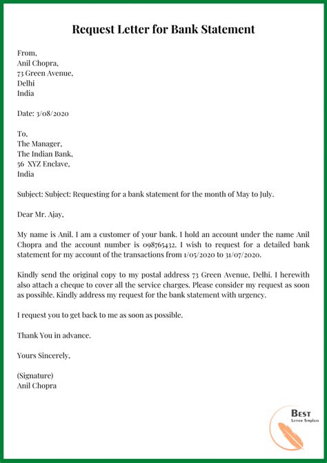 Free Sample Bank Statement Request Letter Template