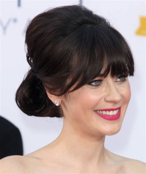 Brown curls zooey deschanel opts for a layered haircut for her look. Zooey Deschanel Long Straight Dark Mocha Brunette Updo ...