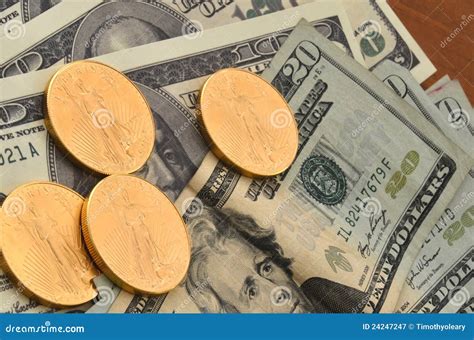 Gold Coins And Us Currency Stock Image Image Of Notes 24247247