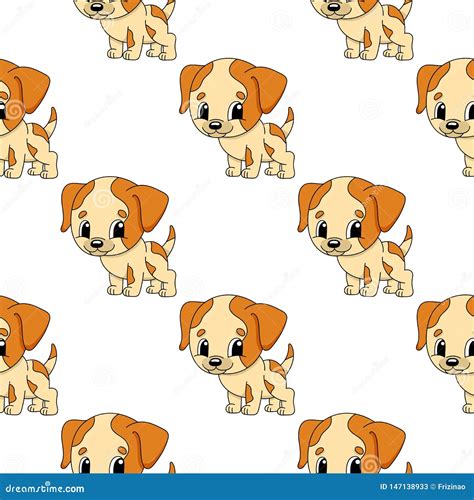Happy Dog Colored Seamless Pattern With Cute Cartoon Character Simple