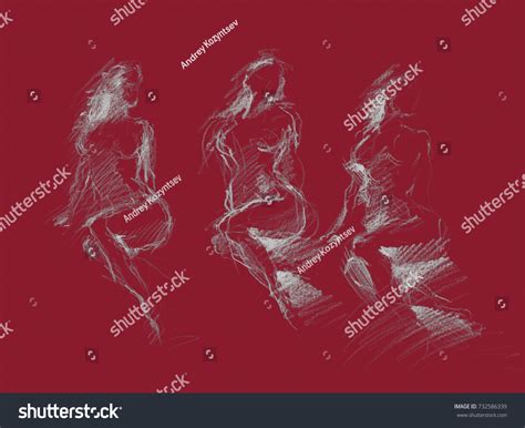 Sitting Naked Woman Sketches Stock Illustration