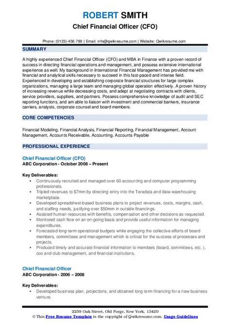 General purpose of the job: Chief Financial Officer Resume Samples | QwikResume