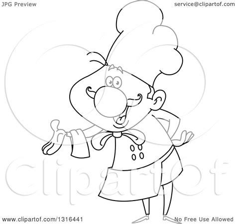 We assure you that she will get your projects noticed and expand your online presence. Lineart Clipart of a Cartoon Black and White Male Chef Presenting - Royalty Free Outline Vector ...