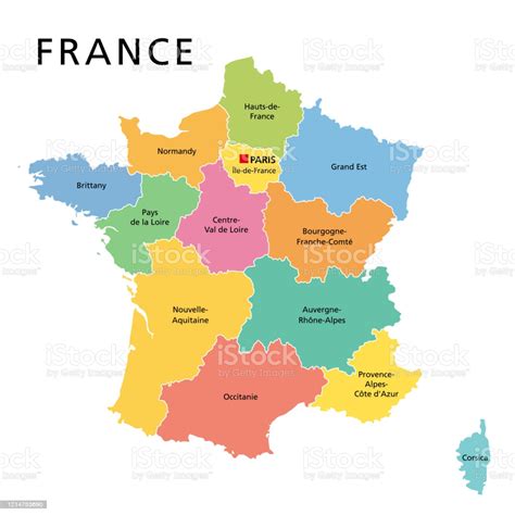 France Political Map With Multicolored Regions Of Metropolitan France