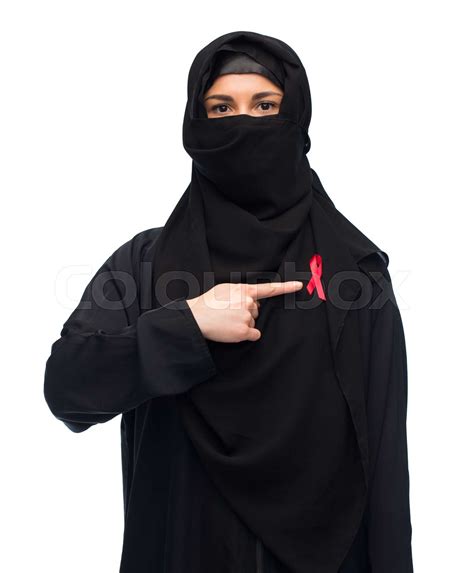 Muslim Woman In Hijab With Red Awareness Ribbon Stock Image Colourbox