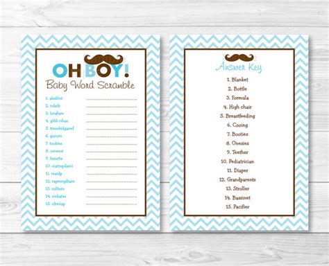 Baby shower party games pdf. Mustache Oh Boy Baby Word Scramble / Baby Shower Game