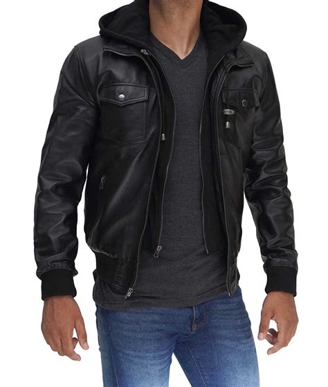 Black Leather Bomber Jacket With Removable Hood Order Now